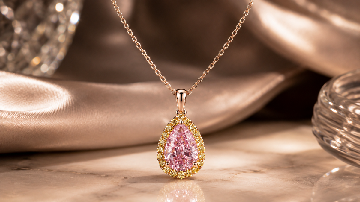 The Ethereal Pink Pear and Yellow Round Halo Pendant