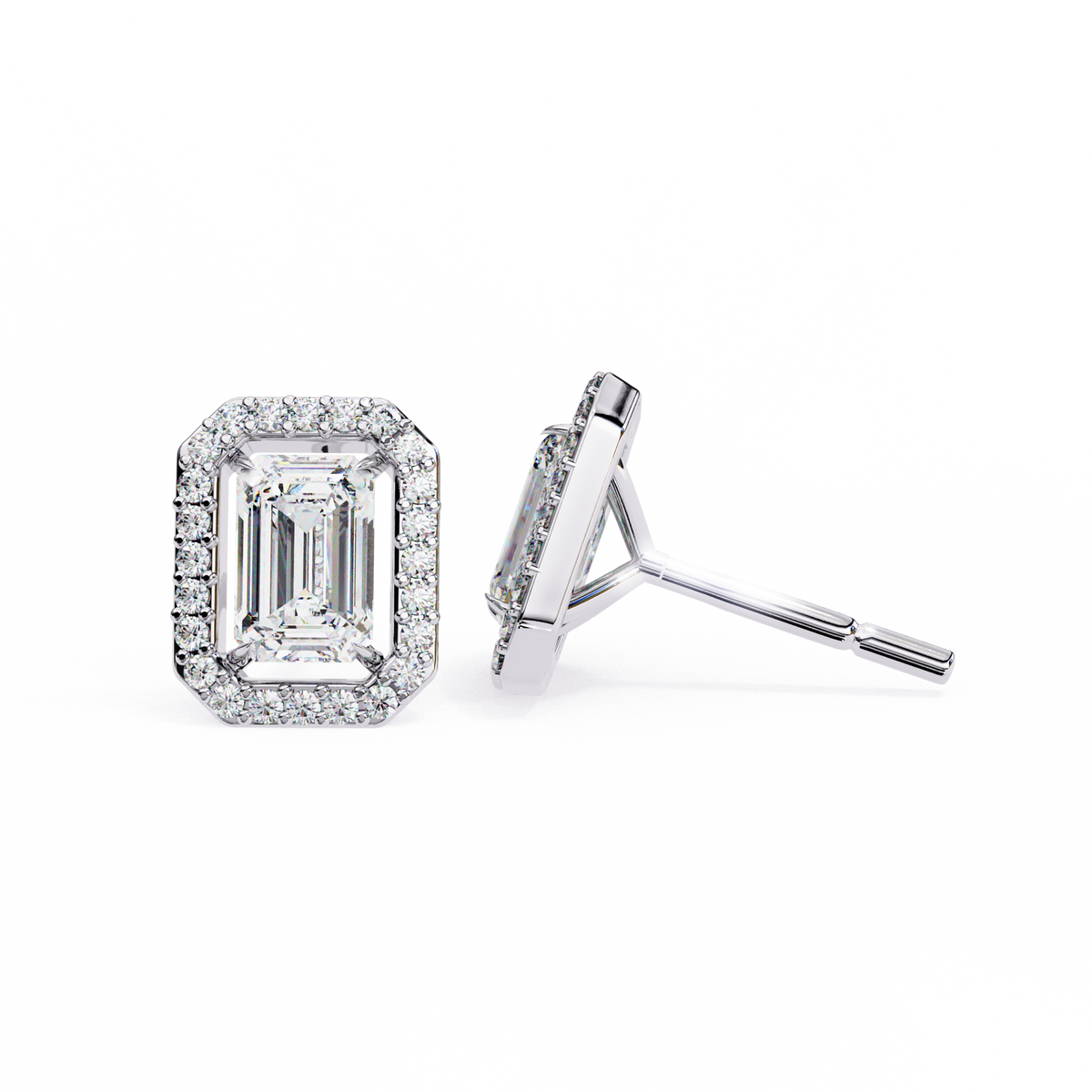 Emerald-Cut Halo Stud Earrings