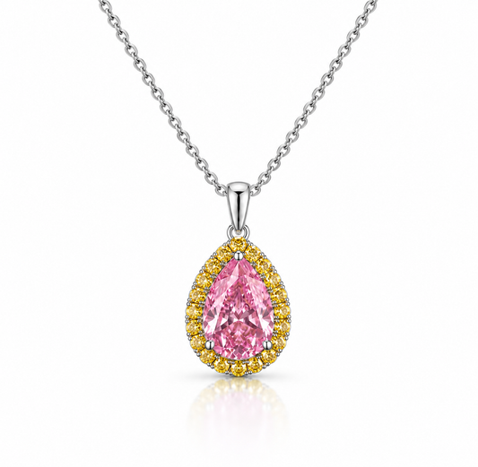 The Ethereal Pink Pear and Yellow Round Halo Pendant