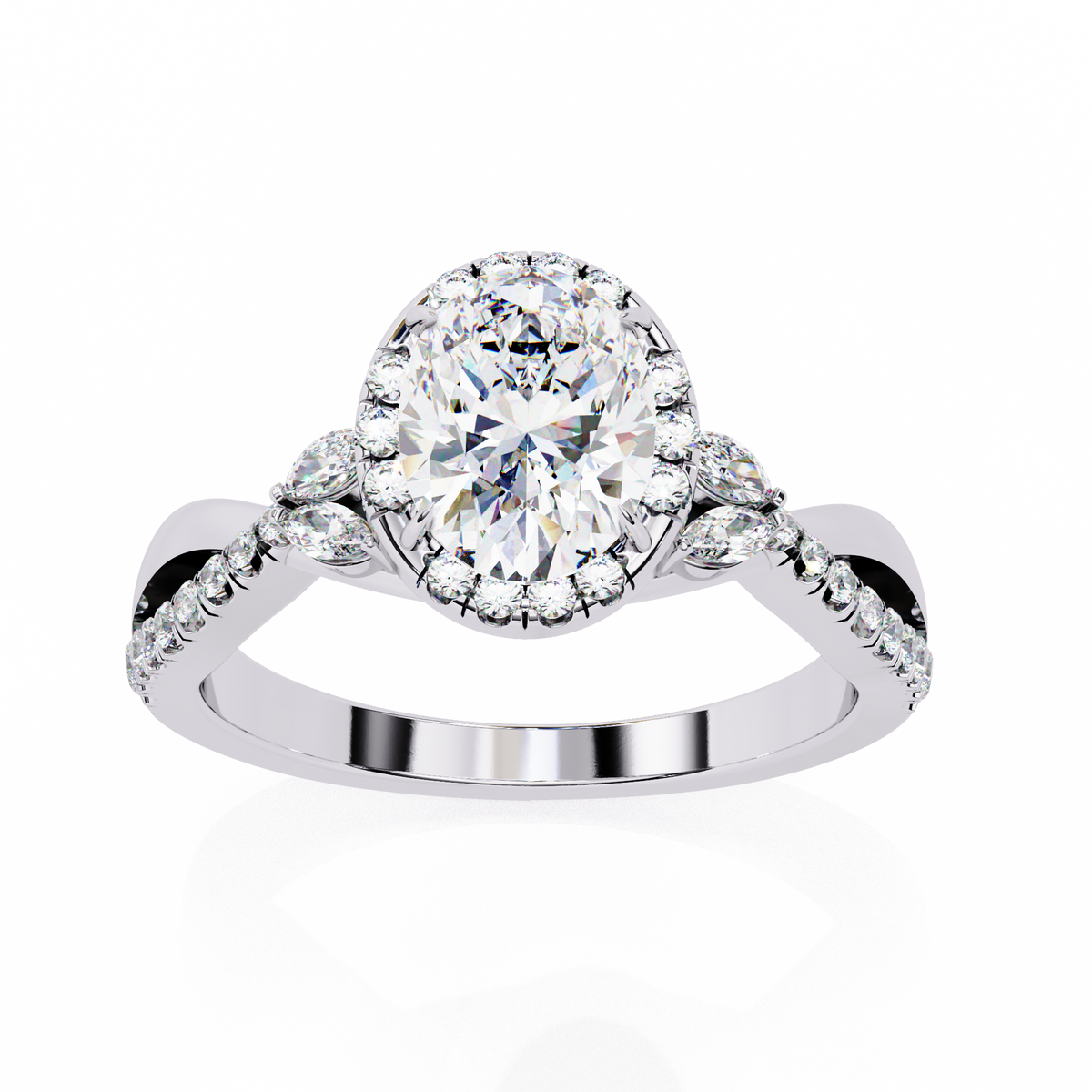 Oval Halo Diamond Ring with Twisted Pavé Band