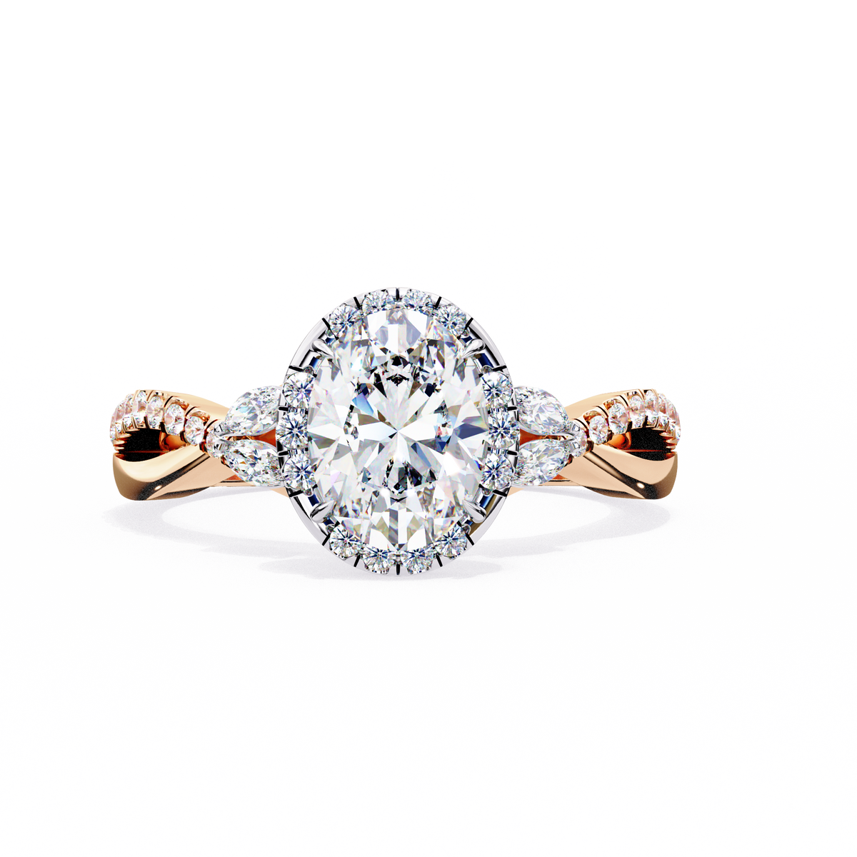 Oval Halo Diamond Ring with Twisted Pavé Band