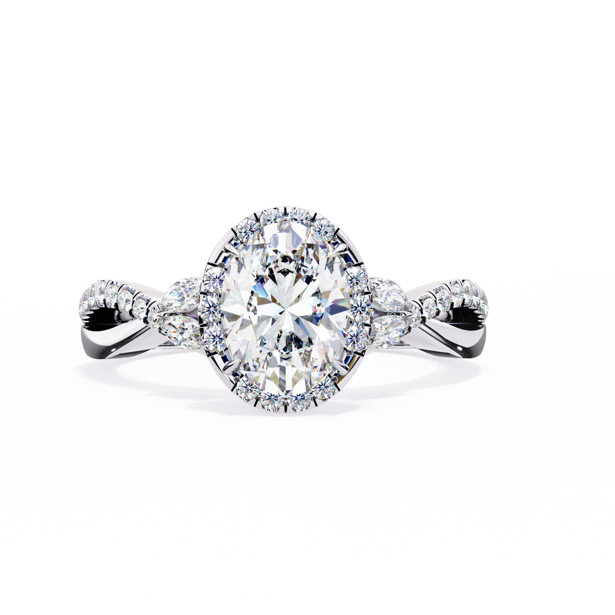 Oval Halo Diamond Ring with Twisted Pavé Band