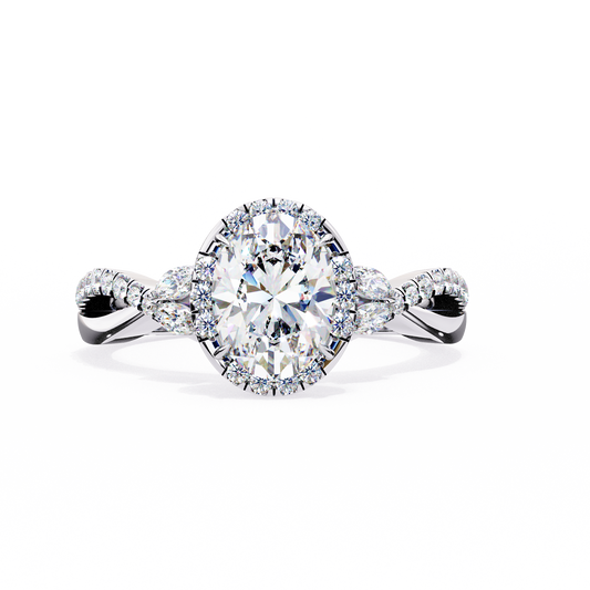 Oval Halo Diamond Ring with Twisted Pavé Band