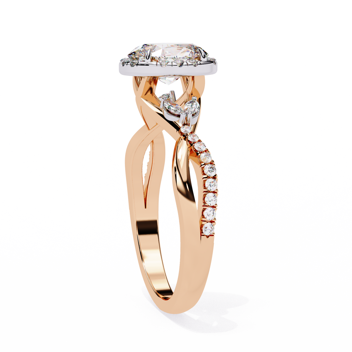 Oval Halo Diamond Ring with Twisted Pavé Band