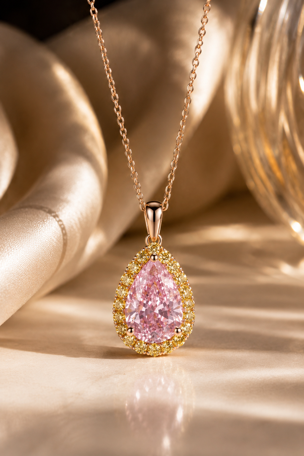 The Ethereal Pink Pear and Yellow Round Halo Pendant